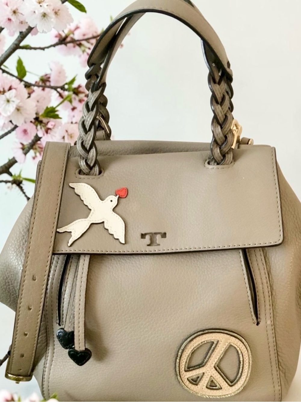 TORY BURCH PEACE LOVE HALF MOON SATCHEL FRENCH GRAY EUC